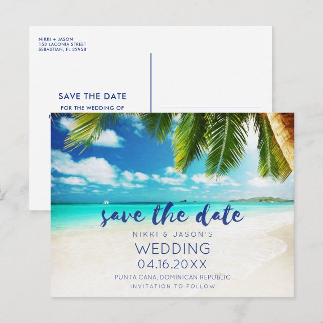 Postal De Anuncios Boda en Destino de Playa Tropical Guardar la Fecha (Anverso / Reverso)