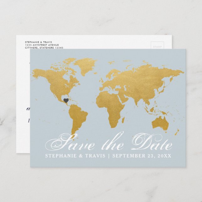 Postal De Anuncios Boda en destino en mapa mundial guardar fecha (Anverso / Reverso)