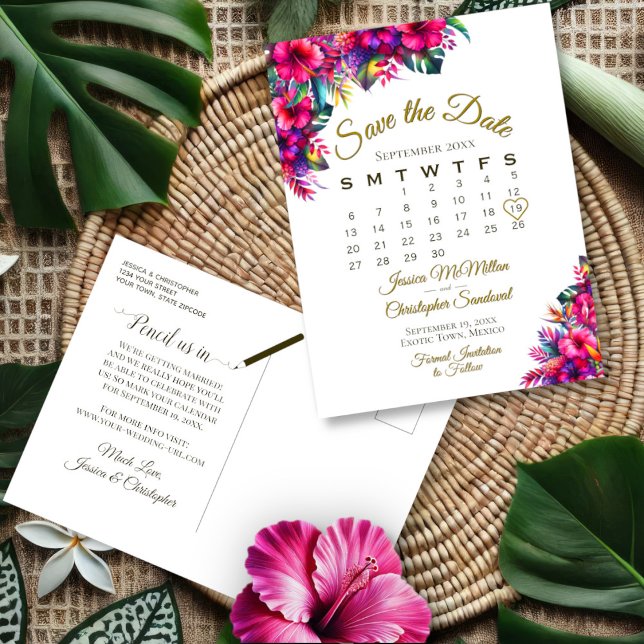 Postal De Anuncios Boda en Jardín Tropical Calendario de Guardar la F (Front/Back)