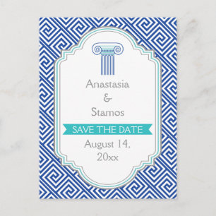 Postal De Anuncios Boda en la columna y clave azul griega Save the Da