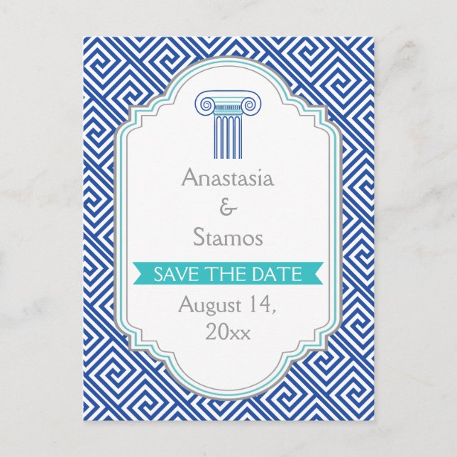 Postal De Anuncios Boda en la columna y clave azul griega Save the Da (Anverso)
