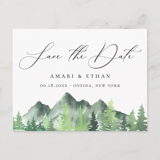 Postal De Anuncios Boda en la montaña del bosque rústico, guarde la f (Anverso)