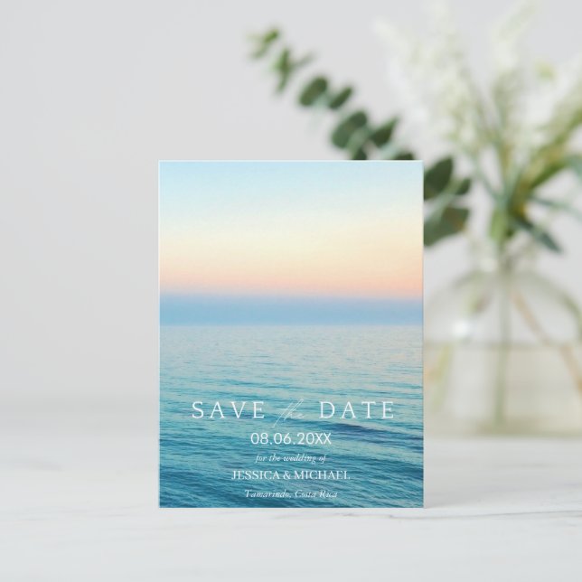 Postal De Anuncios Boda en la playa al atardecer Ahorre las fechas (Anverso de pie)