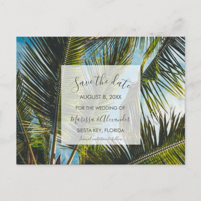 Postal De Anuncios Boda en la Playa con Palmeras - Guardar la Fecha (Anverso)