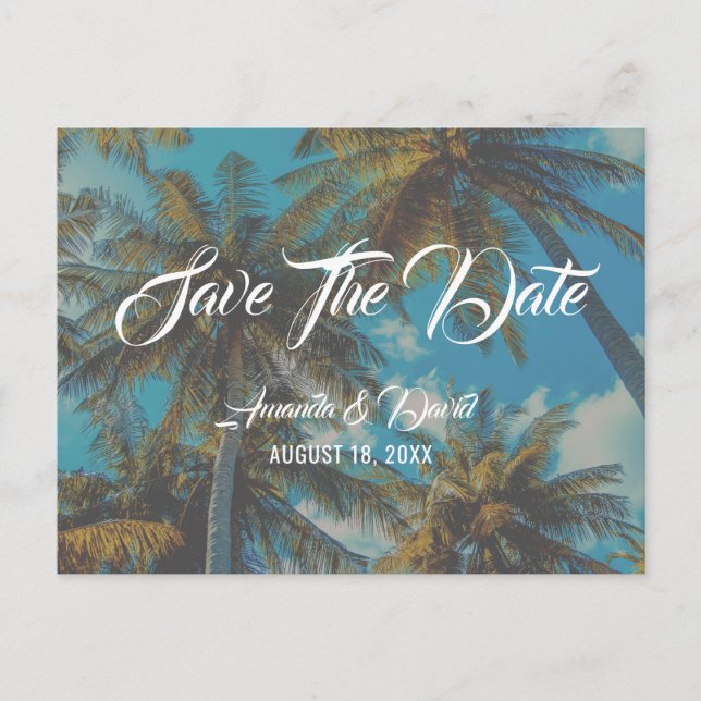 Postal De Anuncios Boda en la playa con palmeras Save The Date (Anverso)