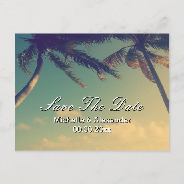 Postal De Anuncios Boda en la playa de Palm Tree Save The Date postca (Anverso)