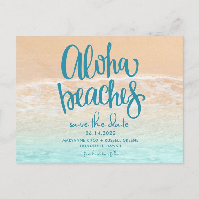 Postal De Anuncios Boda en las playas de Hawaii Aloha Save the Date (Anverso)
