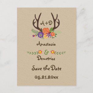 Postal De Anuncios Boda en monograma de vendedores y flores Guardar l