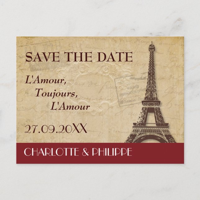 Postal De Anuncios Boda en París - Reserva la Fecha (Anverso)