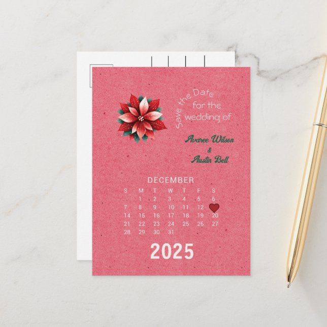 Postal De Anuncios Boda estilo calendario Guardar fecha diciembre (Anverso/Reverso In Situ)
