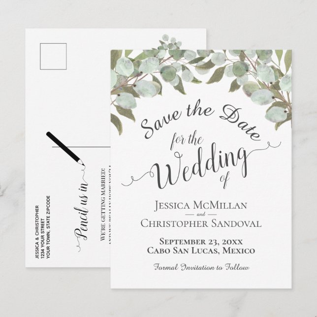 Postal De Anuncios Boda Eucalyptus y Greenery Boho Ahorra la Fecha (Anverso / Reverso)