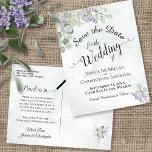 Postal De Anuncios Boda Eucalyptus y Lavender Boho Ahorra la Fecha<br><div class="desc">Esta hermosa postal está diseñada para dar a sus amigos y familiares aviso previo de su próximo boda. Cuenta con un bonito diseño de moda boho con un fondo azul polvoriento de mármol y hojas de eucalipto de color acuático pintadas a mano, y brotes de lavanda en las esquinas. La...</div>