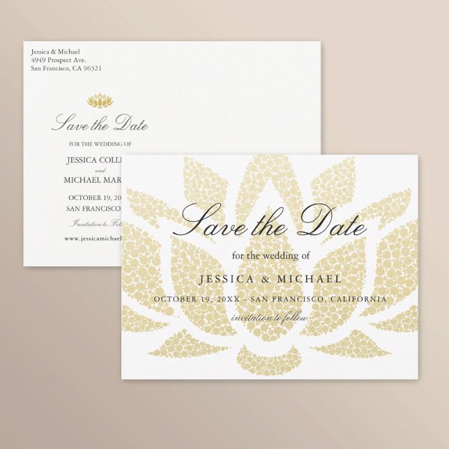 Postal De Anuncios Boda Flor de Loto de Oro Save the Date Personaliza (Subido por el creador)