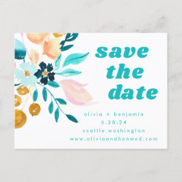 Postal De Anuncios Boda floral acuarela boho azul teal y dorado