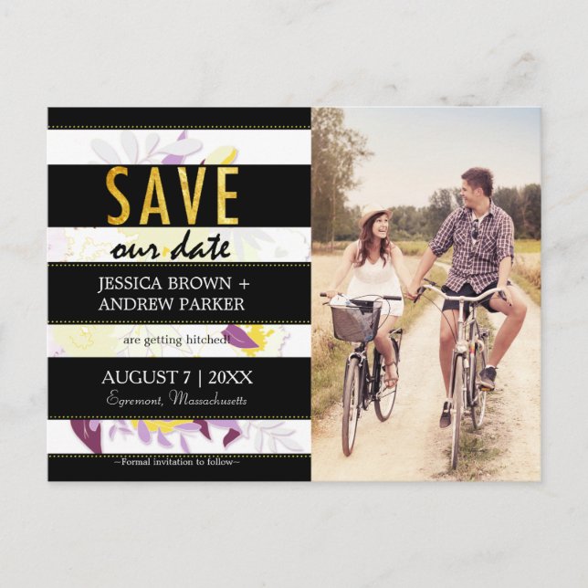 Postal De Anuncios Boda floral Black White Stripes Save Our Date (Anverso)