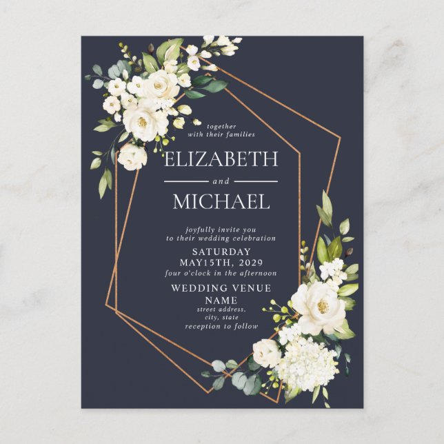 Postal De Anuncios Boda floral blanca azul geométrica de cobre (Anverso)