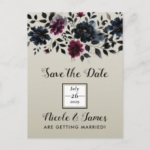 Postal De Anuncios Boda Floral Borgoña Azul Medianoche Almendra Inqui