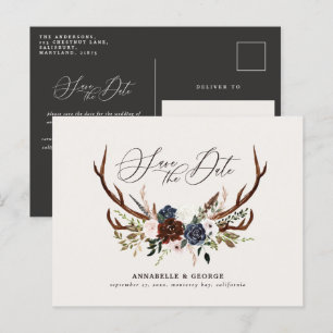 Postal De Anuncios Boda floral de burgundy azul marino con cuernos rú