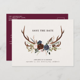 Postal De Anuncios Boda floral de burgundy azul marino con cuernos rú