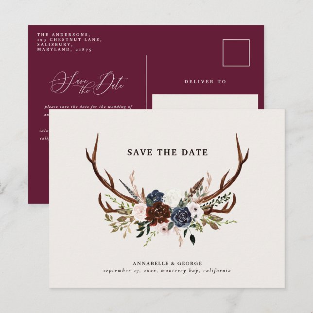 Postal De Anuncios Boda floral de burgundy azul marino con cuernos rú (Anverso / Reverso)
