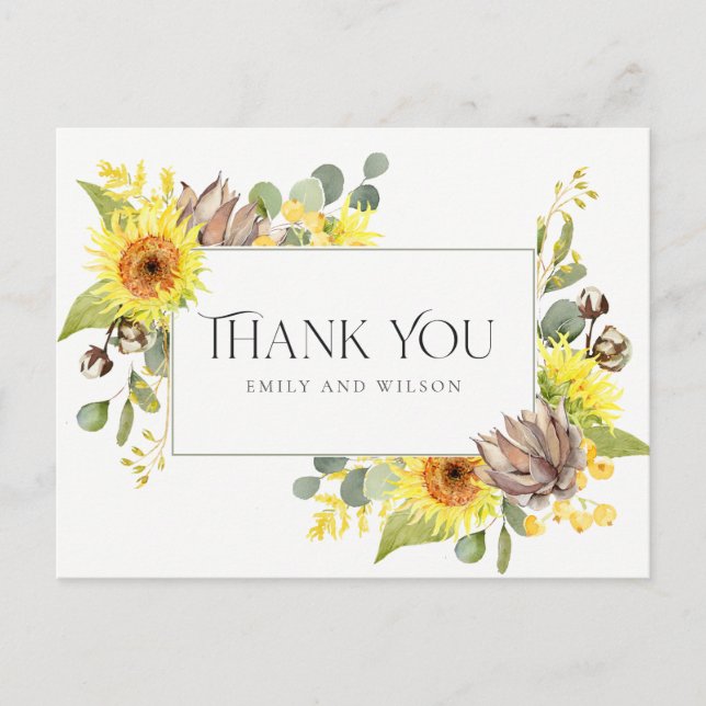 Postal De Anuncios Boda FLORAL DE EUCALYPTUS SUNFLOWER GRACIAS (Anverso)