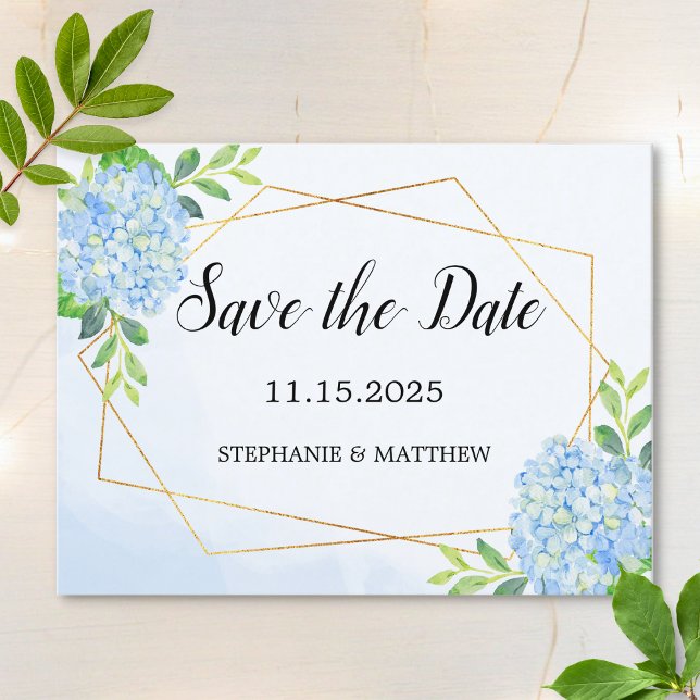 Postal De Anuncios Boda floral de hortensias geométricas, guarde la f (Subido por el creador)