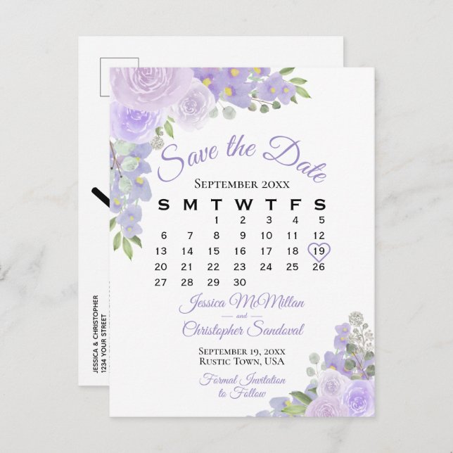Postal De Anuncios Boda floral de Lavender Guardar calendario de fech (Anverso / Reverso)