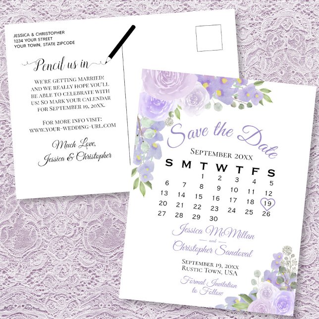 Postal De Anuncios Boda floral de Lavender Guardar calendario de fech (Front/Back)