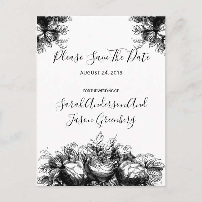 Postal De Anuncios Boda Floral de tinta blanca negra salva la fecha (Anverso)