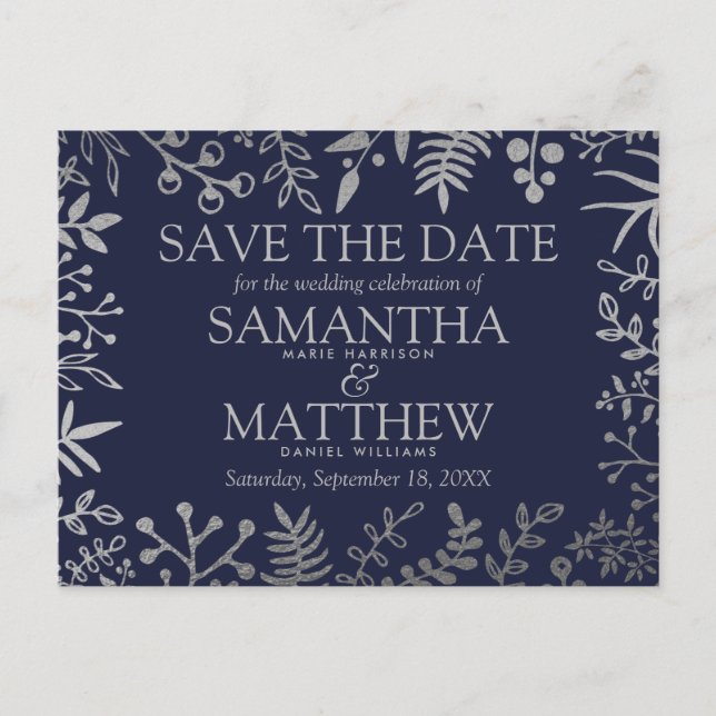 Postal De Anuncios Boda floral elegante de navy y plata (Anverso)