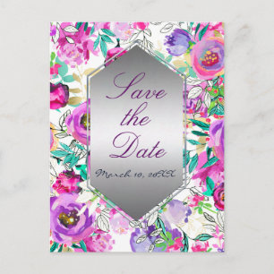 Postal De Anuncios Boda floral moderna rosa púrpura Guarde la fecha