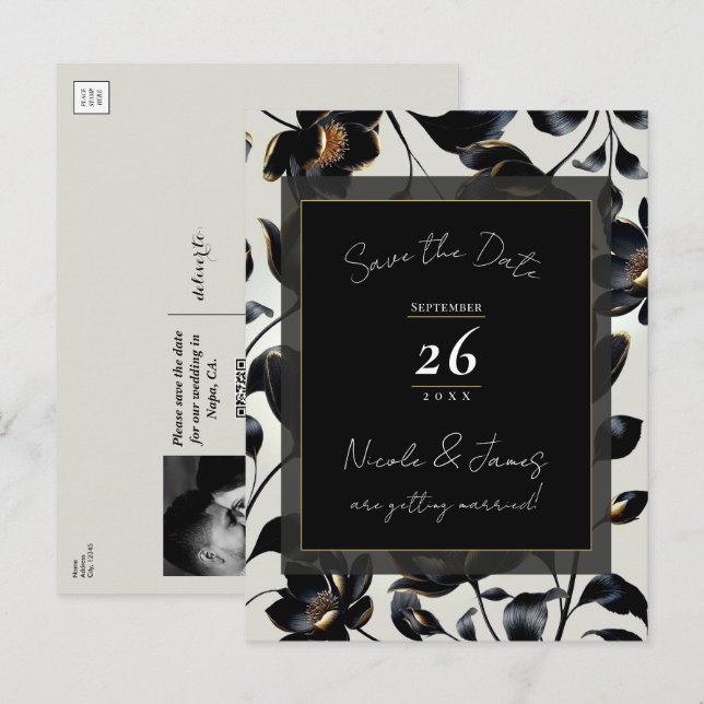 Postal De Anuncios Boda Floral Negro y Dorado Save the Date (Anverso / Reverso)