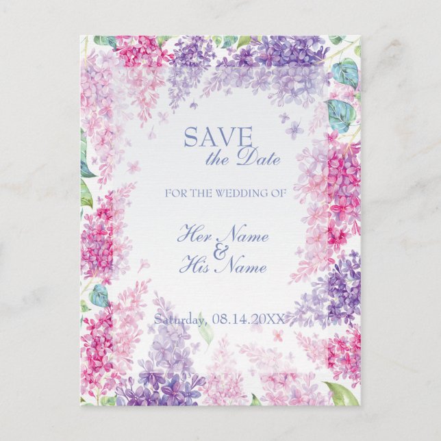 Postal De Anuncios Boda floral Primavera Lilac Salvar la fecha (Anverso)