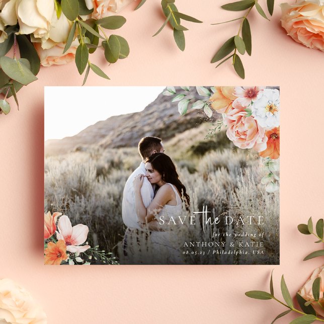 Postal De Anuncios Boda floral Primavera Peach Save the Date Photo (Subido por el creador)