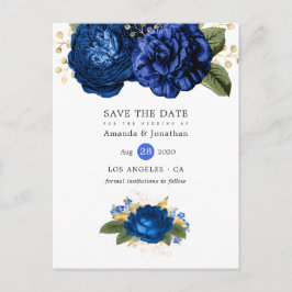 Postal De Anuncios Boda floral real azul y oro salva la fecha