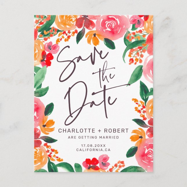 Postal De Anuncios Boda floral rosa rojo otoño en negrita salva la fe (Anverso)