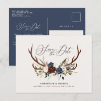 Boda floral rústica de ciervo en guión azul marino