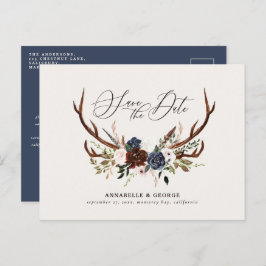 Postal De Anuncios Boda floral rústica de ciervo en guión azul marino