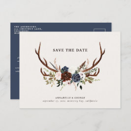 Postal De Anuncios Boda floral rústica de ciervo en guión azul marino