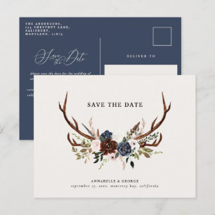 Postal De Anuncios Boda floral rústica de ciervo en guión azul marino