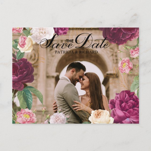 Postal De Anuncios Boda floral verde esmeralda y dorado (Anverso)