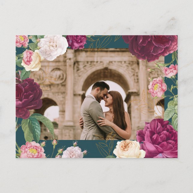 Postal De Anuncios Boda floral verde esmeralda y dorado (Anverso)
