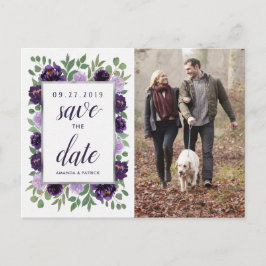 Postal De Anuncios Boda floral verde plateado púrpura Ahorra la fecha