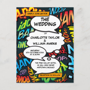 Postal De Anuncios Boda fotográfico moderno del libro cómico Pop Art