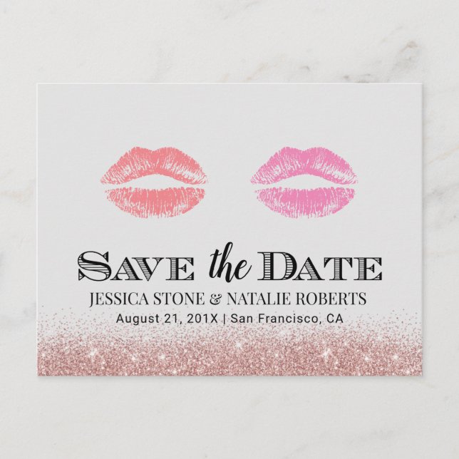 Postal De Anuncios Boda Gay Lesbiana Doble Beso Save the Date (Anverso)