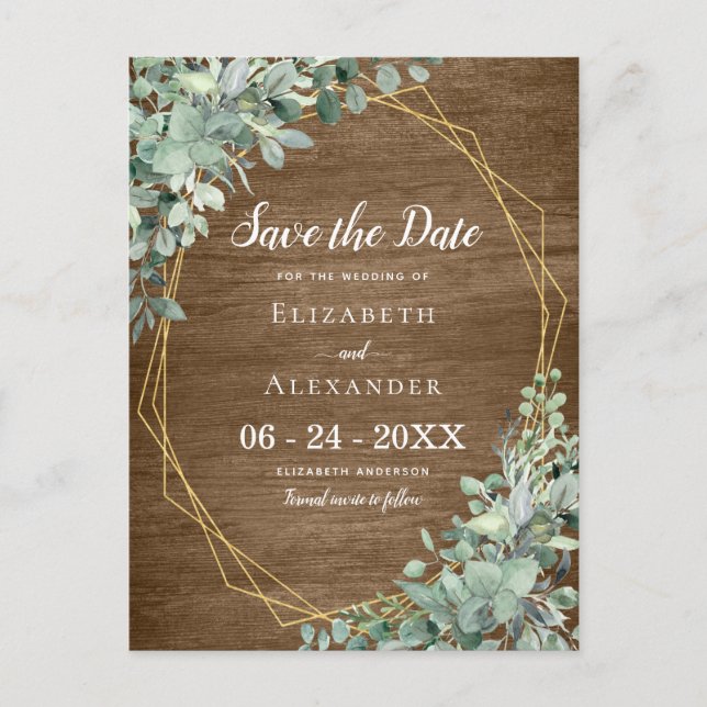 Postal De Anuncios Boda geométrica de madera rústica con verde de euc (Anverso)