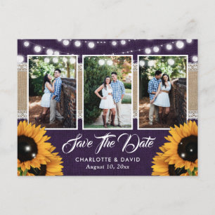 Postal De Anuncios Boda Girasol Púrpura 3 Foto Guardar la Fecha