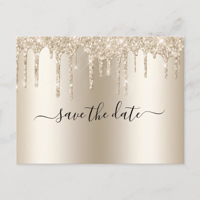 Postal De Anuncios Boda Glam de Moda con Champagne que Cae Brillo (Anverso)