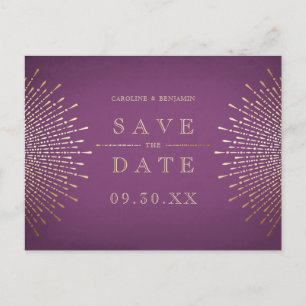 Postal De Anuncios Boda Gold morada art deco vintage salva la fecha