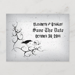 Postal De Anuncios Boda gótica de Halloween de cráneo de cuervo Save 